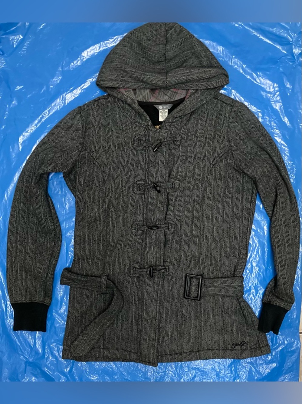 🌦️🧥🌦️SPLIT Black & White Hooded Toggle Pea Coat with enclosed zip front closure